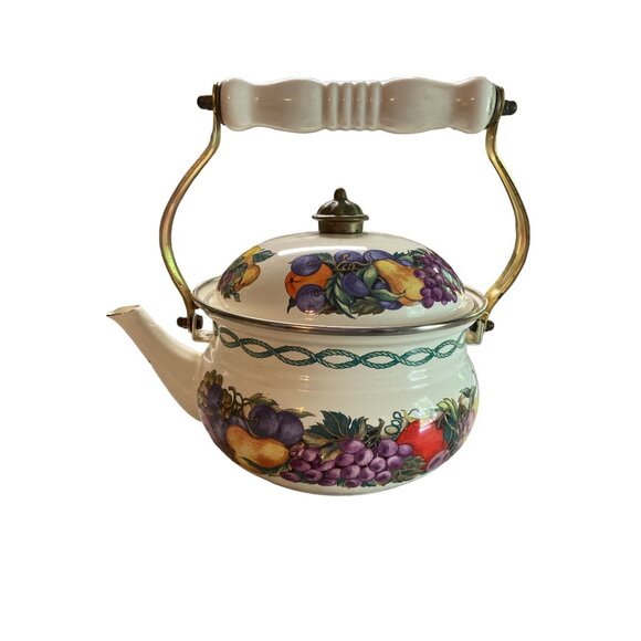 Vintage Cornucopia Fruit Enamel Teapot Ceramic Handle Farmhouse Kitchen Decor - Picture 2 of 6